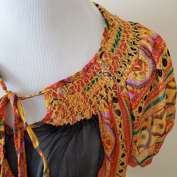 BCBG Max Azria Sheer Smocked Neck Peasant Style Top Shirt - Picture 2 of 6